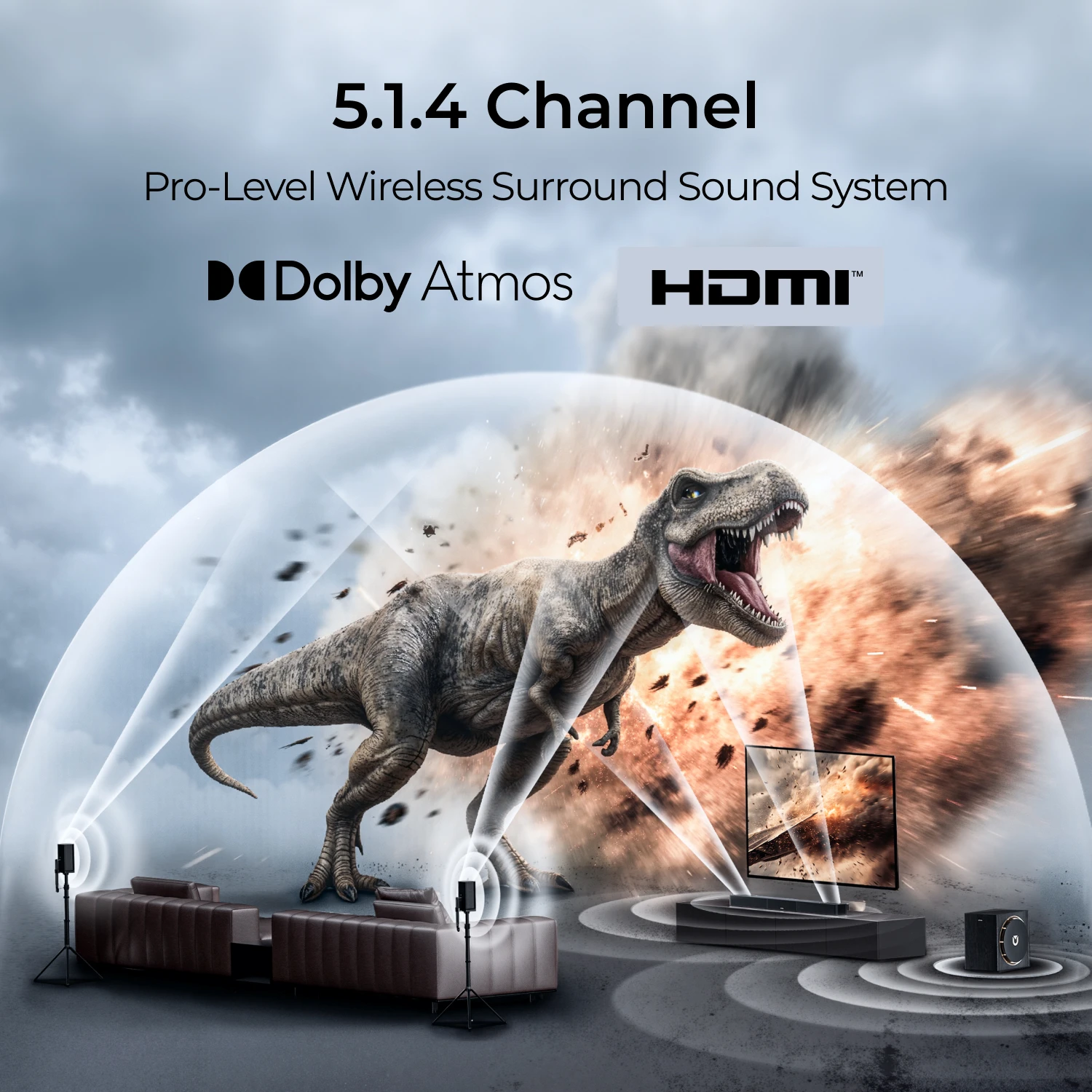 Фото Саундбар ULTIMEA 760W 5.1.4ch с Dolby Atmos, система объемного звучания для телевизора с 8-дюймовым сабвуфером и 2 беспроводными тыловыми колонками №2