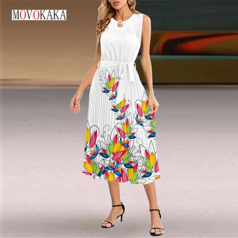 

MOVOKAKA Ladies Spring Summer Mid Pleated Dress Women White Sleeveless Printed Waist Tie Dresses Party Office Lady Elegant Dress