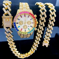 3pcs iced out watches for men colour gold watch quartz 15mm cuban chain bracelet necklace diamond jewelry set for men watch man