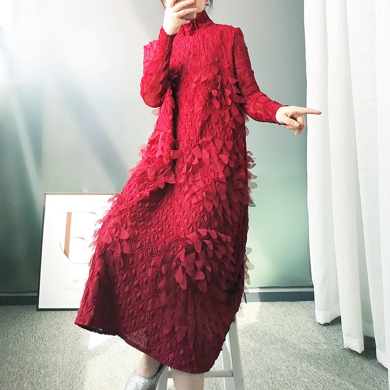 Solid Leisure Color Pleated Embroidery Patchwork Turtleneck A-line Long Loose Dress 2022 elegant Autumn New Fashion Women's