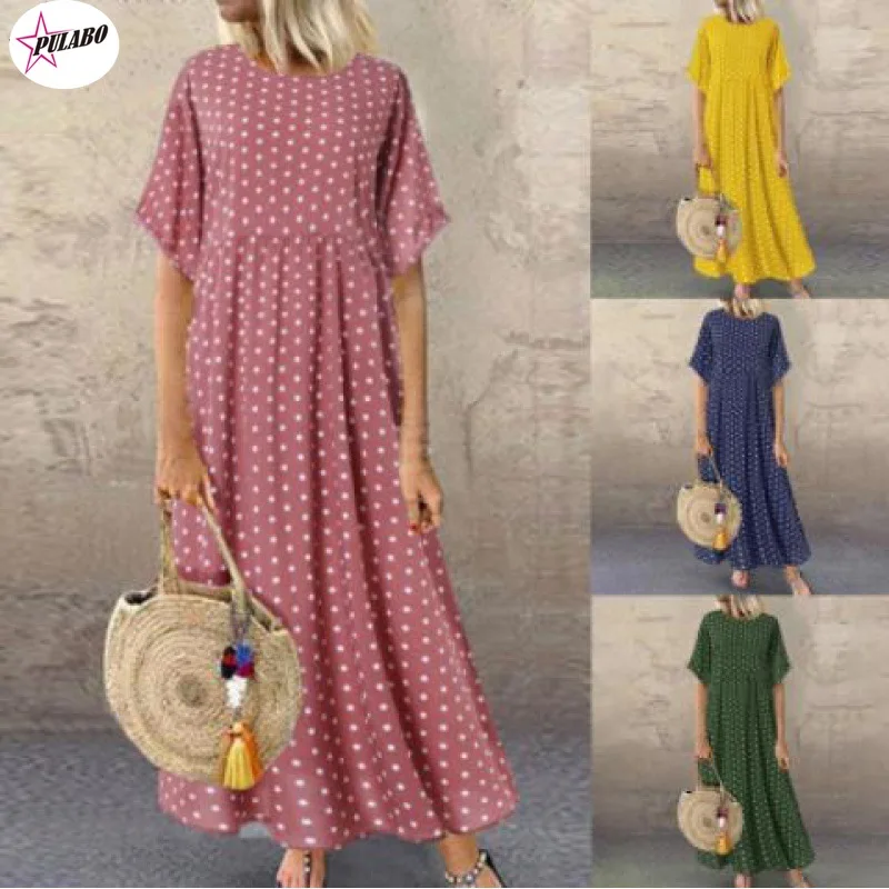 

Casual Maxi Long Dress Women 2022 Summer Dot Print Vintage Elegant Beach Female Vestidos Big Swing Half Sleeve Robe Boho Clothes