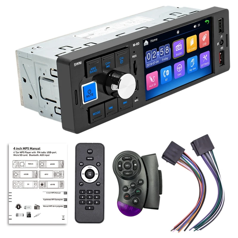 

Автомагнитола 1 Din, 4-дюймовый сенсорный экран, mp5-плеер, FM-радио, USB, Bluetooth, отличный видеоплеер 12 В, ISO