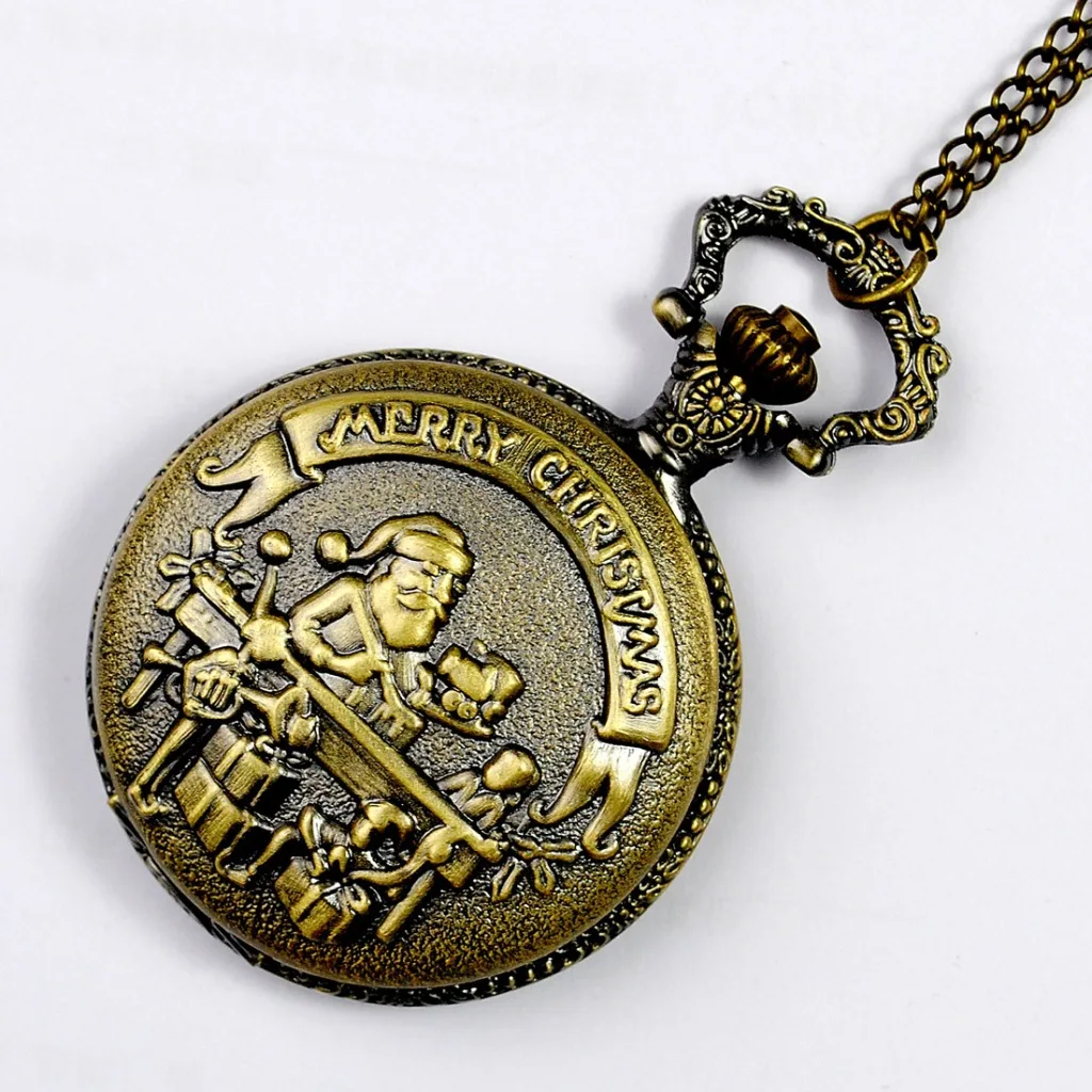 

Christmas Santa Claus Carving Quartz Pocket Watch for Men Women Bronze Engraved Case Fob Chain Bronze Clock for Collection Gift