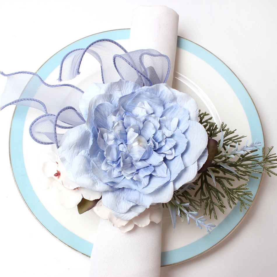 

4PCS Fabric Handmade Flowers Napkin Rings,Wedding Napkin Holder,Raffia Braided Napkin Buckle for Party Family Dinner Table Decor