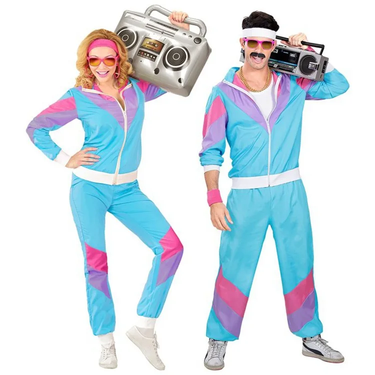 

Two Piece Retro '80s Hip Hop Disco Costume Multicolor splicing Shell Suit Zipper Coat Halloween Carnival Cosplay Hippie Set