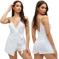 2022 new womens sexy jumpsuit sequin deep v neck spaghetti backless shorts skirts fashion clubwear party rompers