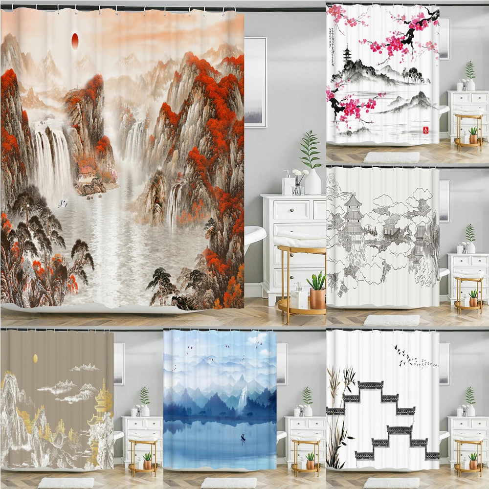 

Chinese-style Ink landscape Printed Fabric Shower Curtains Waterproof Bathroom Curtain 180X180cm Bathroom Decor with 12 Hooks