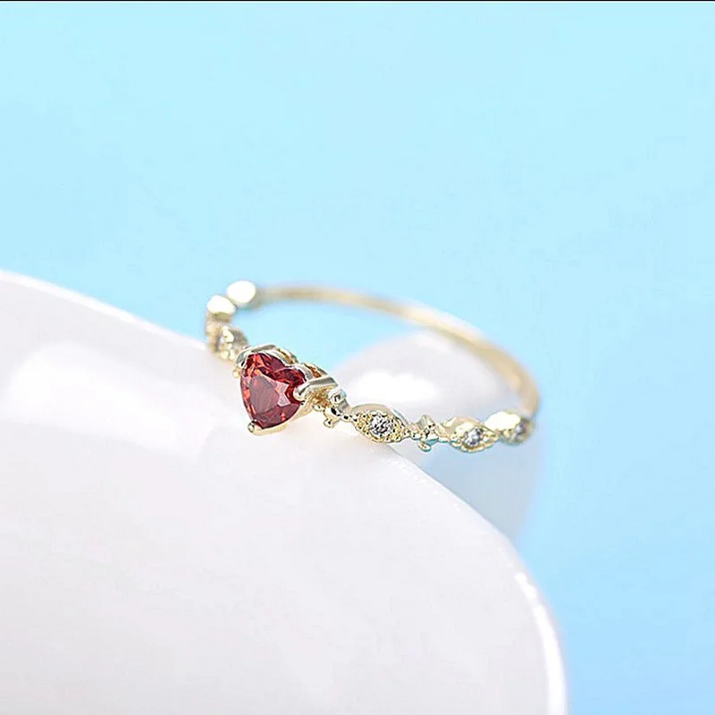 

Milangirl Simple Gold Color Thin Minimalist Red Love Heart Shaped Crystal Rhinestone Zircon Ring for Women Wedding Engagement