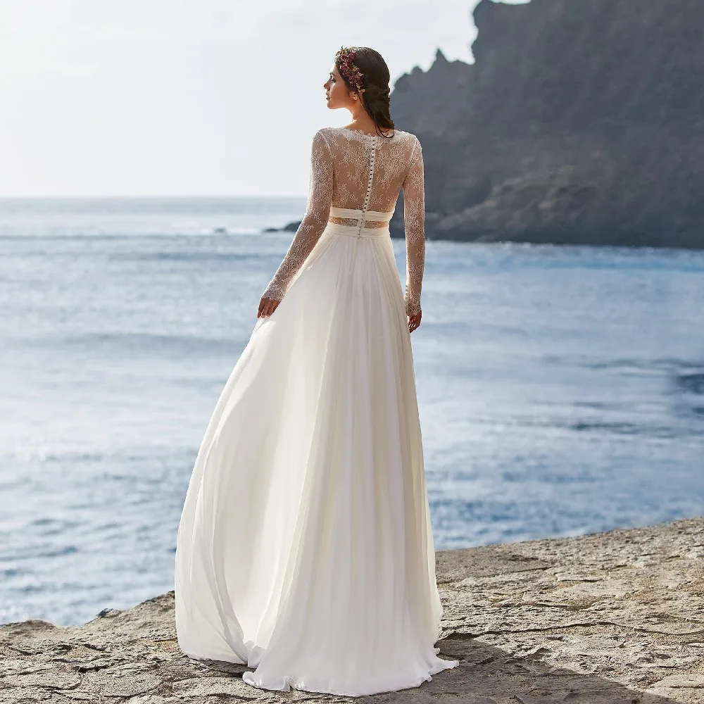 

Bohemian Wedding Dress 2022 For Women Fast Robe De Marie Long Sleeve V-Neck Floor Length Chiffon A-Line lace Back Bridal Gowns