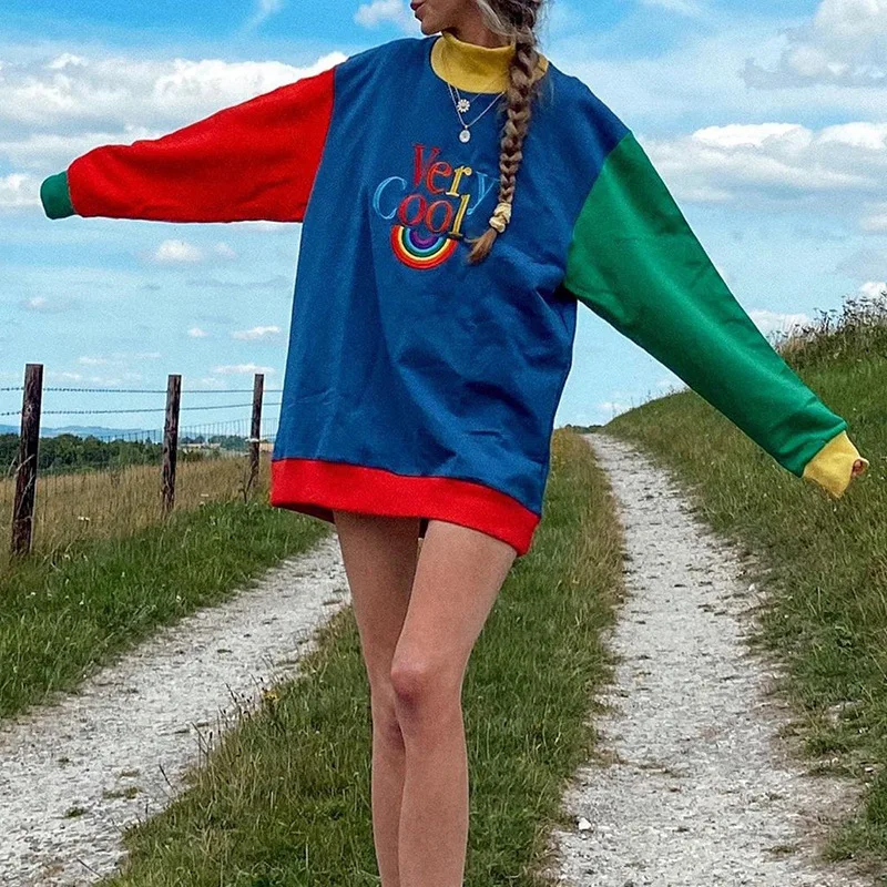 

Women Rainbow Letter Print Sweatshirt Hoodies Oversized Color Patchwork Turtleneck Streetwear Long Sleeve Fall Loose Pullover