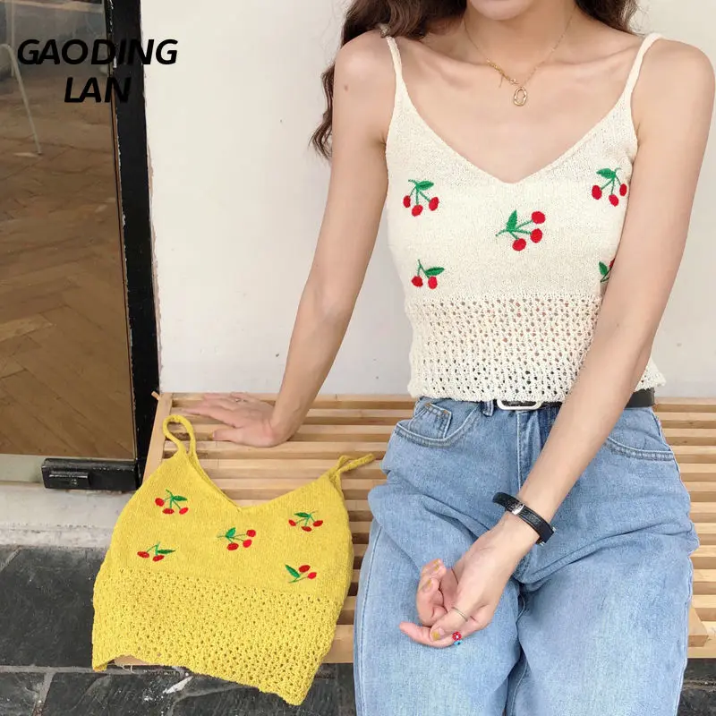 

Summer New Korean Chic Sweet Women V-neck Tanks Sleeveless Cherry Embroidery Hollowed Out Sexy Short Tops Knitted Suspender Vest