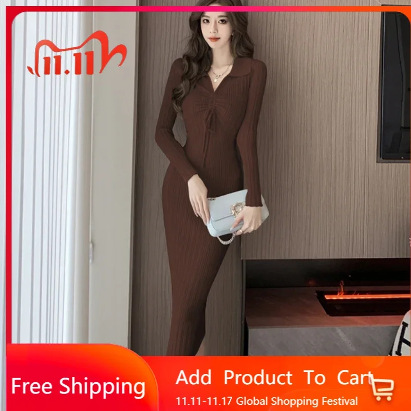 

Настоящая фотография длинного низа шерстяное платье для женщин на осень и зиму вязаные платья с приталенным силуэтом и тонкой длиной до колена