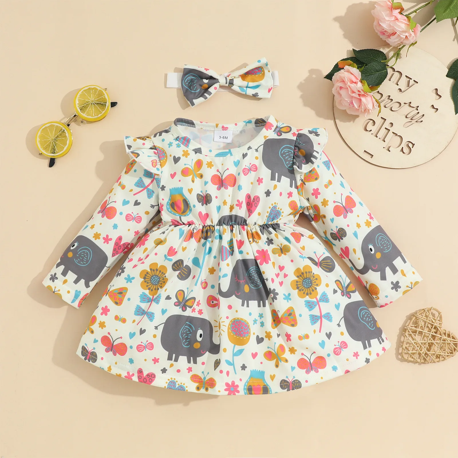 

Детское платье принцессы, Хлопковое платье для маленьких девочек с принтом слона и цветочным рисунком, головные повязки для новорожденных, ...