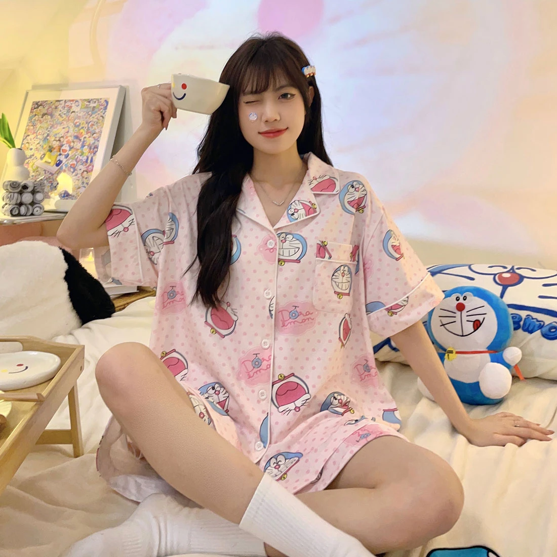 

Korean Summer Pajama Sets Women Short Sleeve Pyjamas Sleepwear Loose Casual Nightwear Loungewear Pijama Femme Doraemon Home
