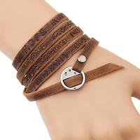 charmsmic multilayer pu leather charm bracelets for mens women brown color twisted long rope words pattern vintage jewelry style