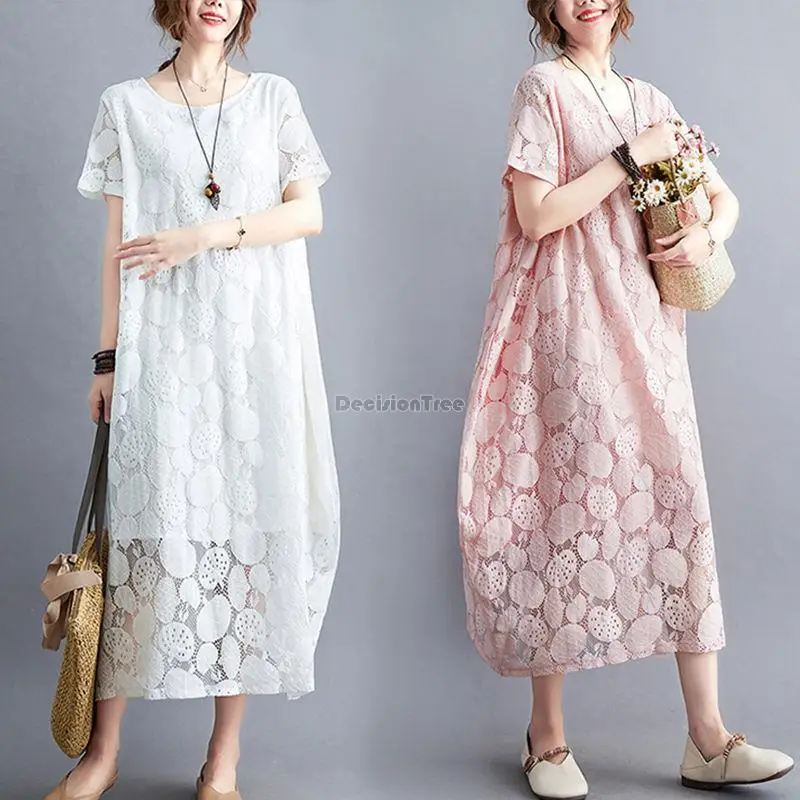 

2023 new fashion style women short sleeve round collar lace dress two-layer design loose long fairy women elegant dress s568