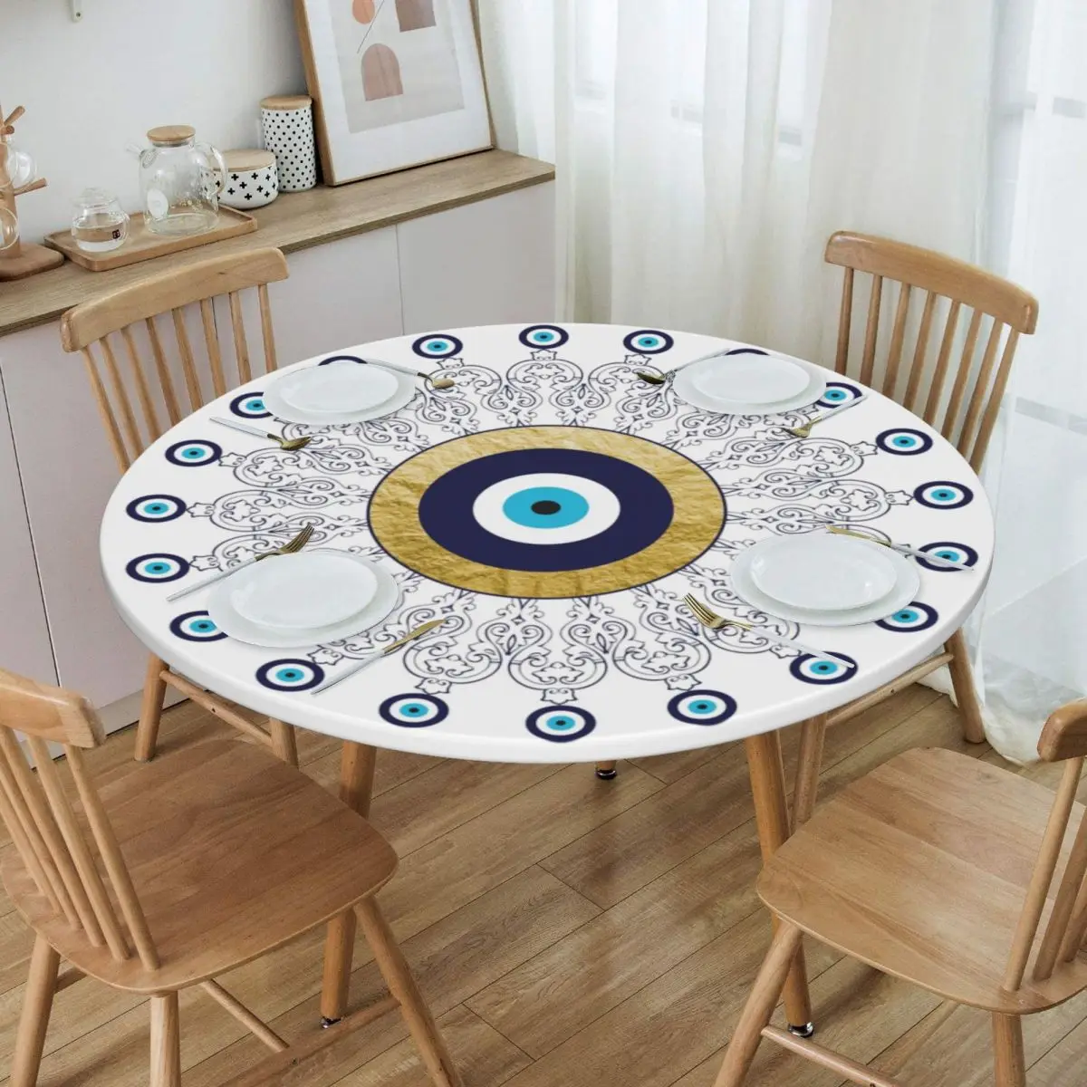

Evil Eye Mandala In Gold And Blue Tablecloth Round Elastic Fitted Oilproof Lucky Charm Amulet Table Cloth Cover for Dining Room