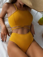 swimwear womens split tank solid color lace up bikini conservative triangle beach swimsuit for women 2022