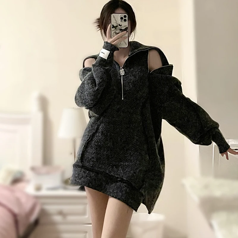 

New Fashion 2022 Winter Womens Sexy Off Shoulder Turtleneck Zip Thick Warm Fleece Patchwork Irregular Hem Loose Casual Sweater