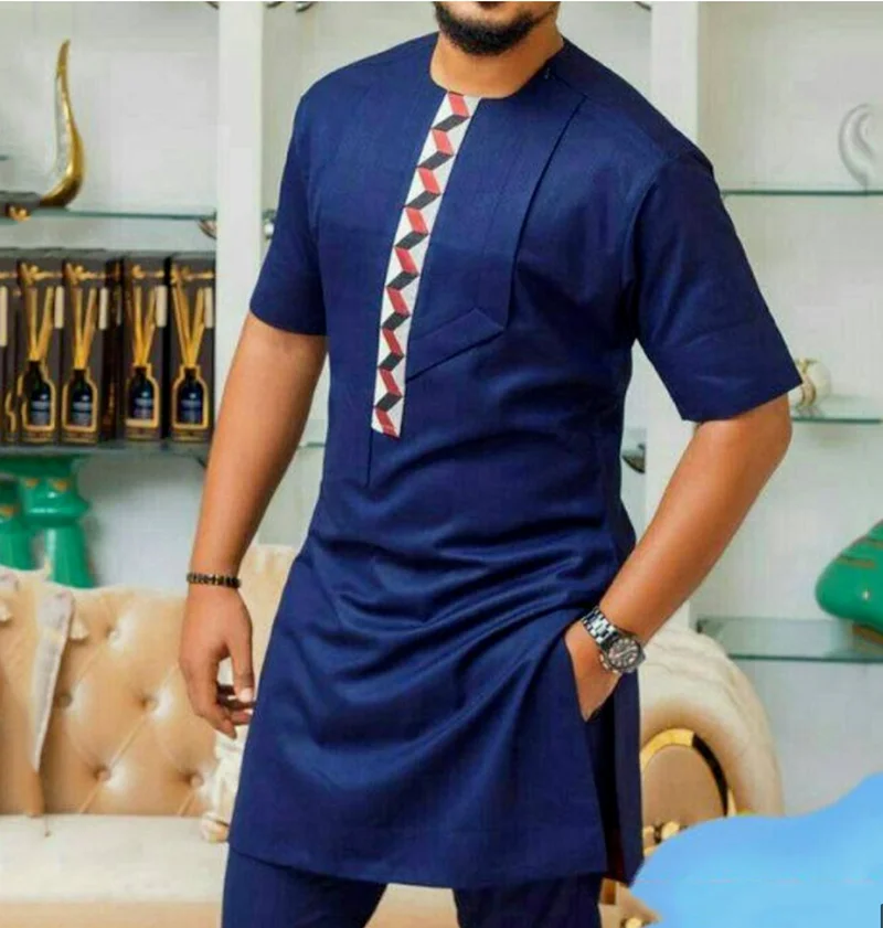 Islam Men's Clothing Abaya Mid-length Short Sleeve Color Print T-shirt African Male Loose Casual Dashiki Shirts Muslim Man Tops