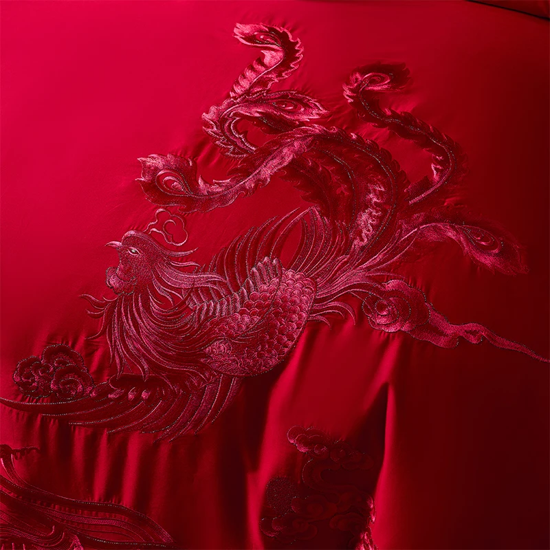 Фото Комплект постельного белья с вышивкой Loong Phoenix, 100% хлопок, китайское свадебное одеяло с красными кисточками, пододеяльник, простыня, наволочка №4