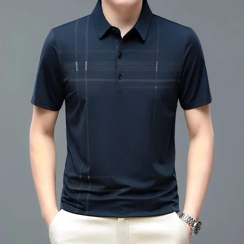 Golf Men's New Stripe Printed Short Sleeve T-shirt Summer New Loose Elastic Polo Shirt Men's Ice Silk Polo Neck T-shirt