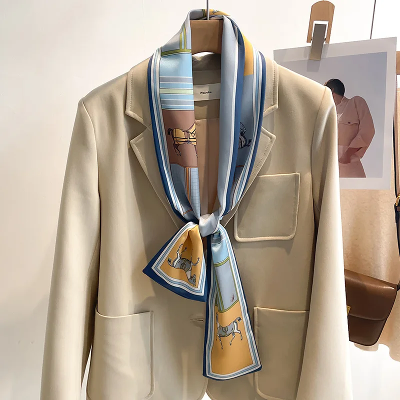 Роскошный дизайнерский шелковый шарф с принтом из тонкой ленты 2024 Женский мягкий