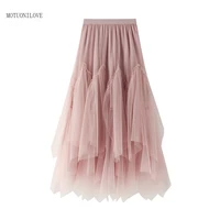 womens tulle skirts irregular pleated sweet elastic high waist layered ruffles mesh a line midi tiered skirt tutu ballet skirts