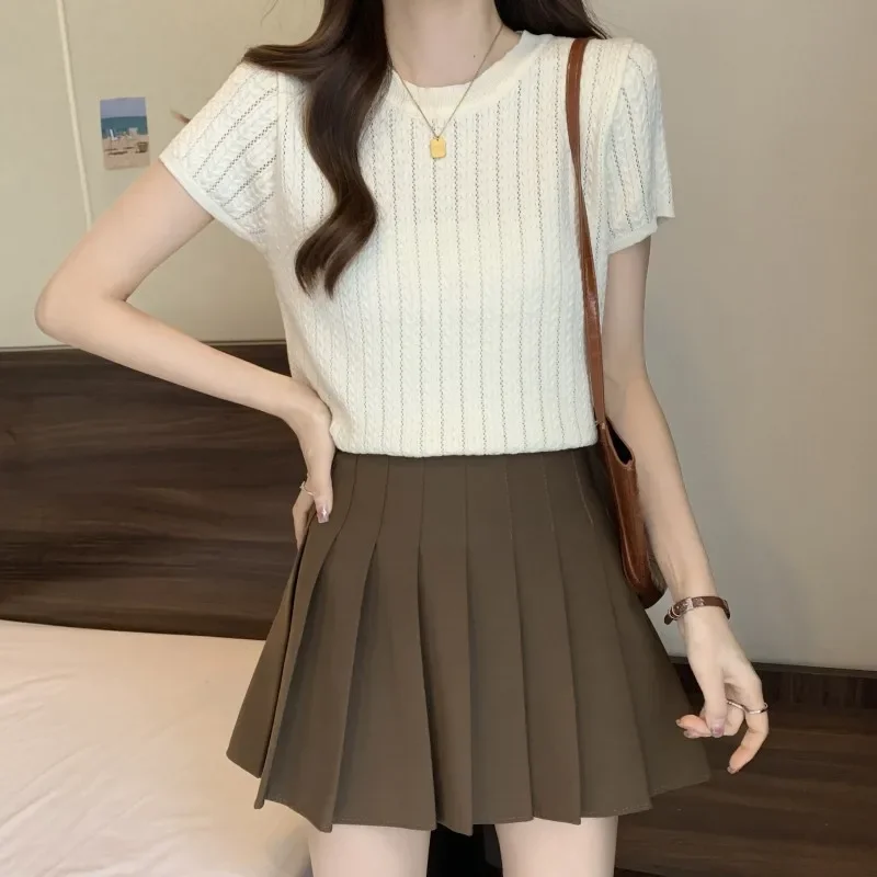 Новинка лета 2024 женская одежда трикотажный топ с коротким рукавом и круглым