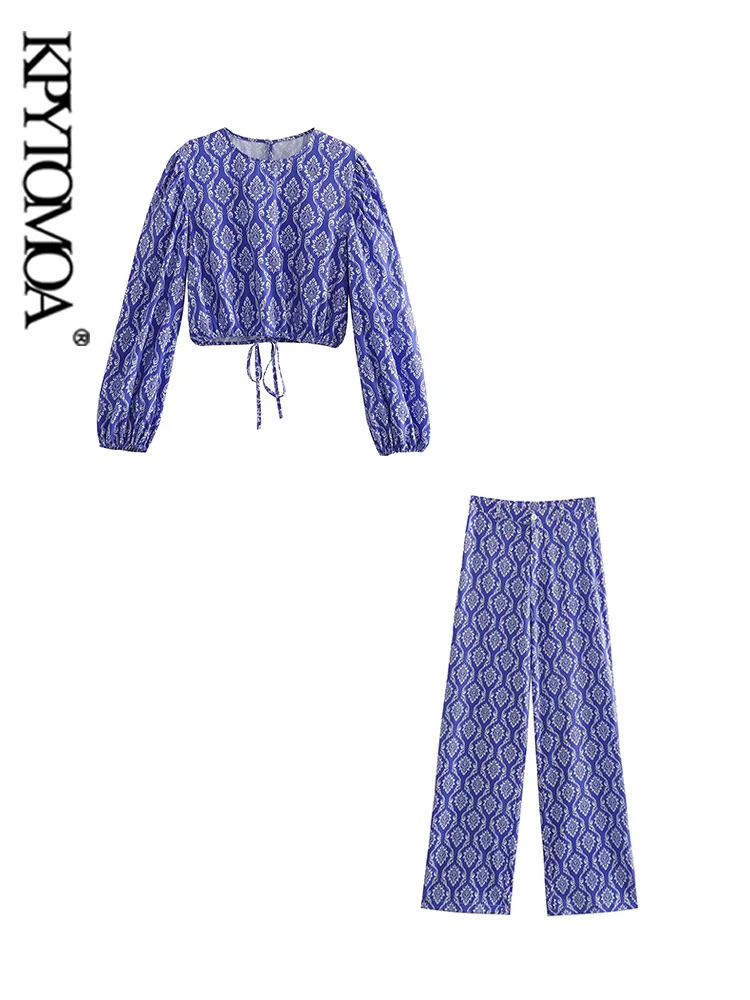 

KPYTOMOA Women Fashion With Tie Printed Cropped Blouses And High Waist Button Fly Trousers Female Two Piece Sets Mujer