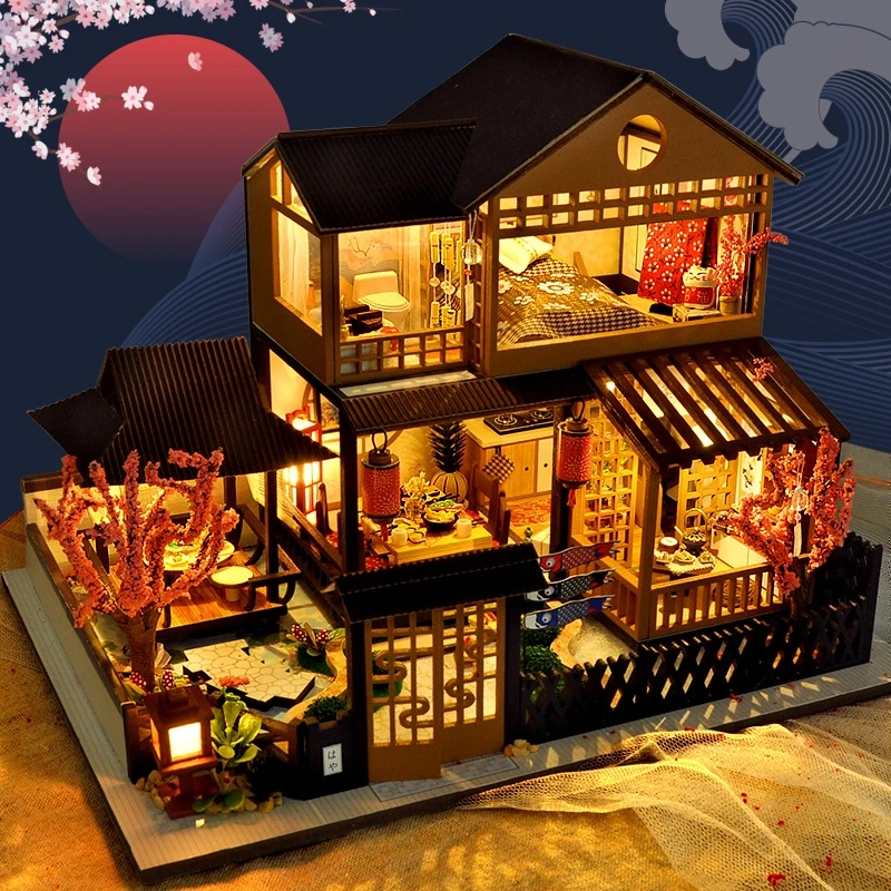 Cutebee diy miniatura casas de boneca mini japonês sakura jardim casa kit móveis construção luzes led brinquedos para crianças presente do miúdo