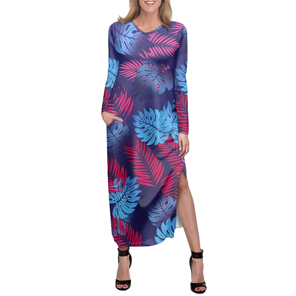 

Print On Demand Casual Dress Polynesian Tribal Samoan Fijian Tapa Flower Print High Slit Dresses V-neck Side SLit Pocket Dresses