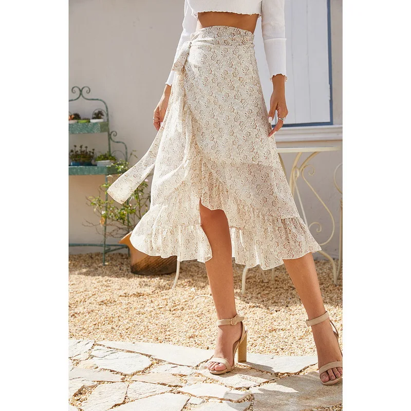 

Summer Female Skirts 2021 Korean High Waist New Print Lace Up Long Skirts Sexy Elegant Split Fork Irregular Style Women