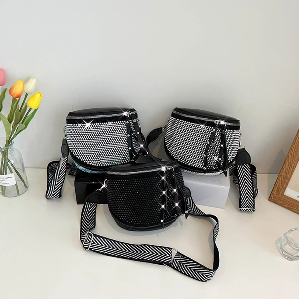 

Fashion Women Leather Diamond Shoulder Bag Trend Exquisite Rhinestones Wide Strap Chest Bag Waist Pack Brand Designer Handbags