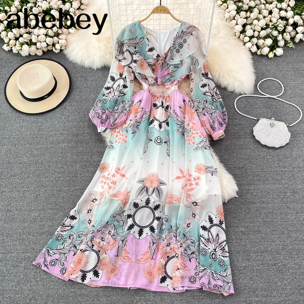 

2022 Summer V-Neck Long Dress Women Lace Up Long Sleeve Sling Dresses Floral Female Straps Party Beach Maxi Long Dresses