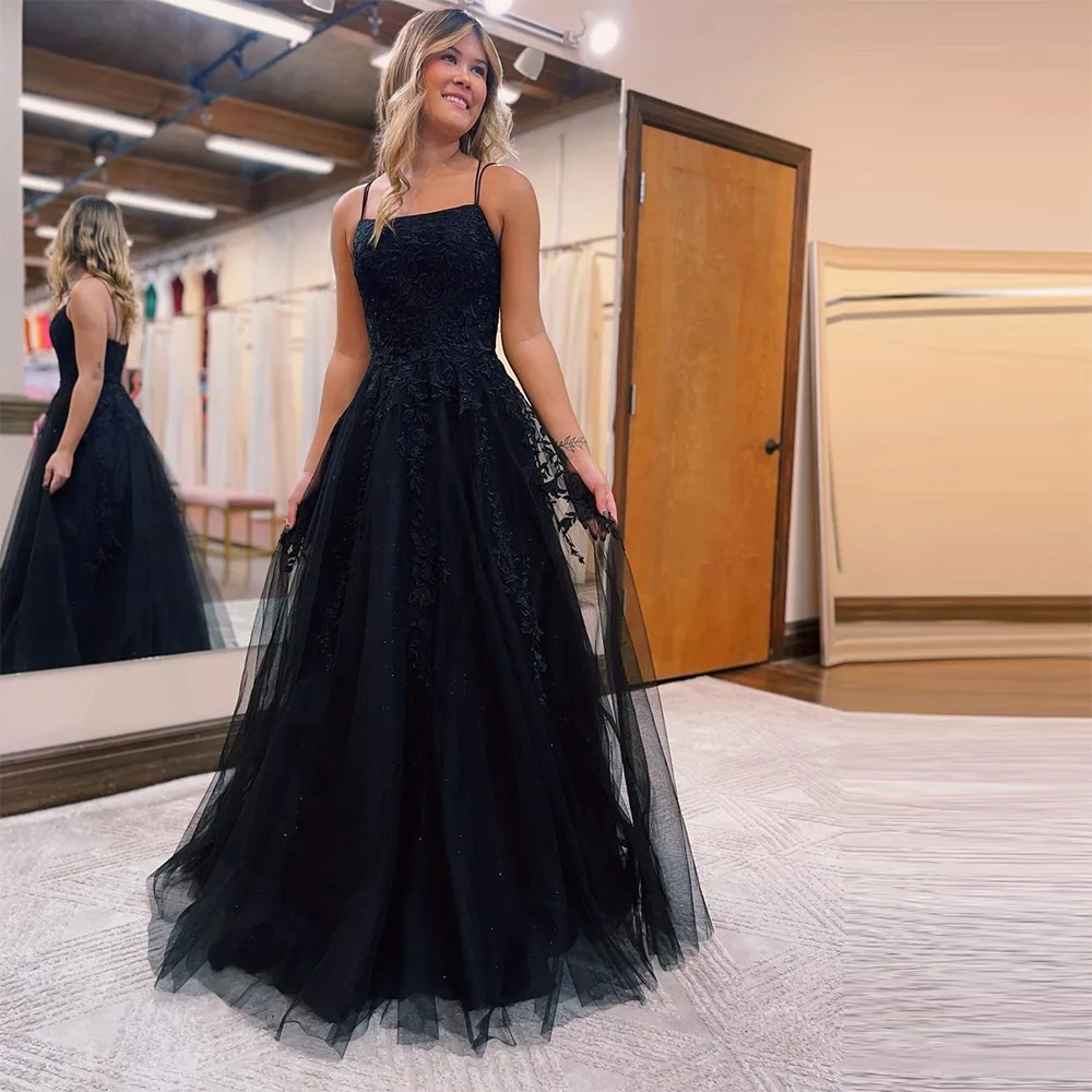 

Xijun Black Tulle Arabic Evening Dresses Lace Applique Spaghetti Straps Sleeveless A-Line Prom Dress Homecoming Gown