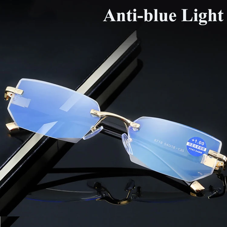 

Diamond Cutting Reading Glasses Men Rimless Frame Anti Blue Light Blocking Eyeglasses Anti Fatigue Hyperopia Presbyopic Eyewear