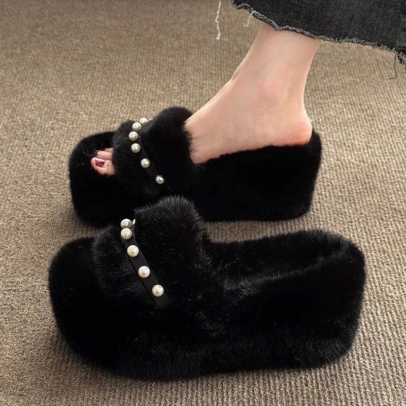 

Shoes Woman 2023 Slippers Heels String Bead Pantofle Luxury Slides On A Wedge Beige Heeled Sandals Platform Fur Flip Flops Flock