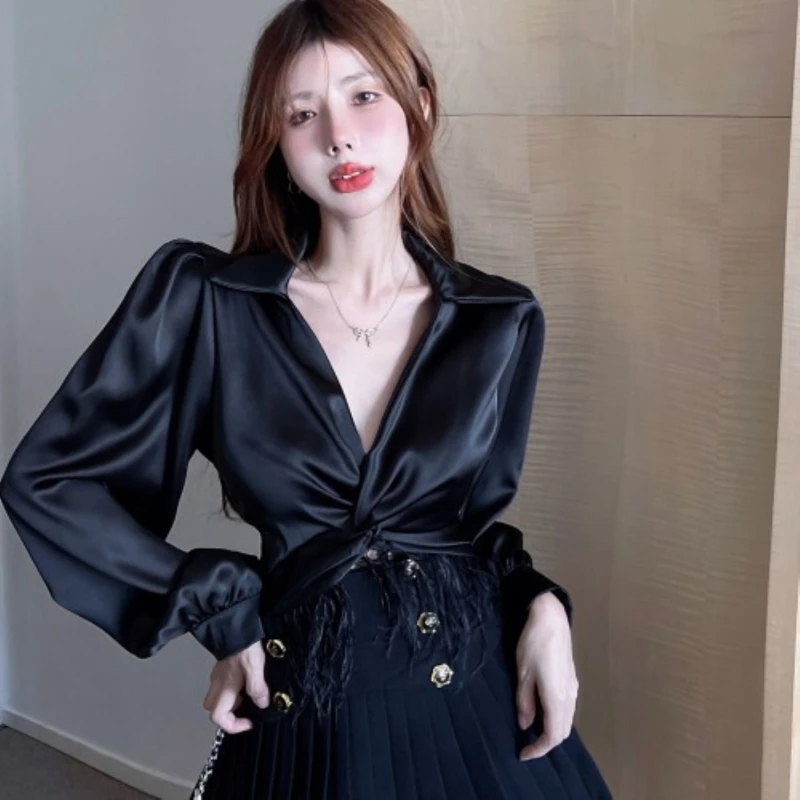 

Sexy V-neck Crop Top Women New Graphic Sense Patchwork Tassel Puff Sleeve Hotsweet Short Slim Long Sleeve Tops