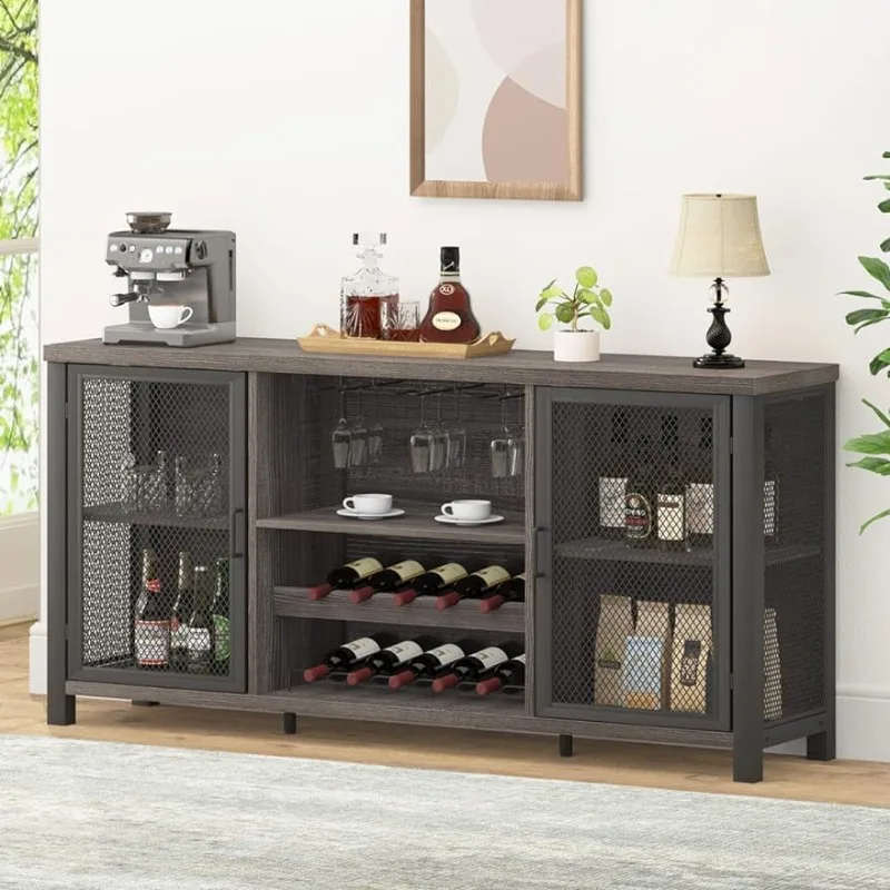 

Rustic Sideboard Buffet Cabinet for Liquor, Glasses & Coffee Bar with Storage Rack for Home Kitchen Dining Room, Dark Grey Oak