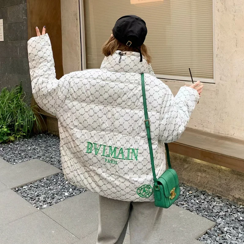 Winter printed cotton jacket short style with embroidered letters cotton jacket women's loose