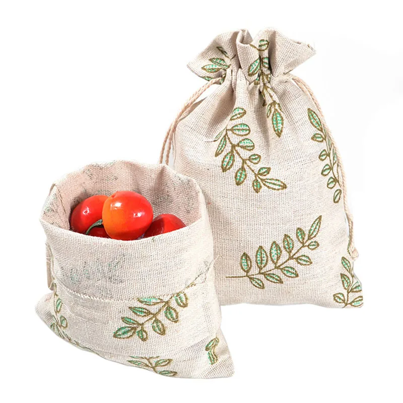 

10Pcs Leaf Plant Linen Storage Bags Reusable Cotton Drawstring Pouches Sacks Package For Wedding Party Gifts Home Candy Organize