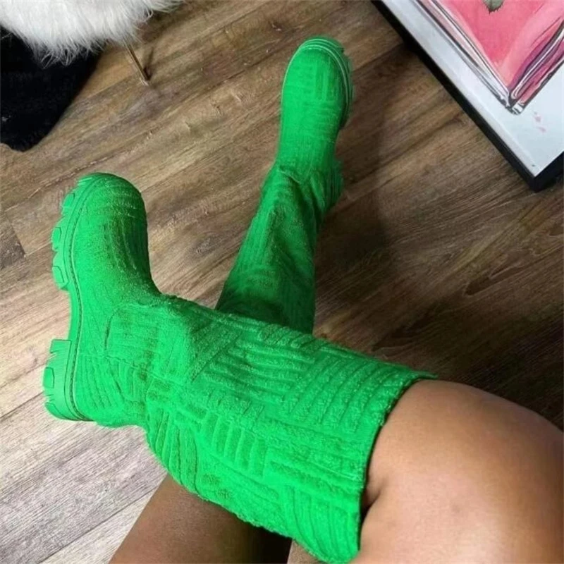 Luxury Brand Women's Towel Cotton Boots Autumn Winter Women Thick-soled Thick-heeled Warm Boots Round Toe Motorcycle Boots 36-43