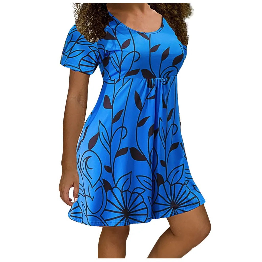 

Plus Women Casual Size Short Fashion Dress O-Neck Print Sleeves Floral Short Women's Dress Girl Mini Dress Female