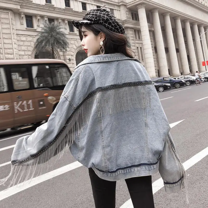 

Loose bat sleeves tassel fringe line denim jacket female Hong Kong flavor retro college trend 2022 spring new