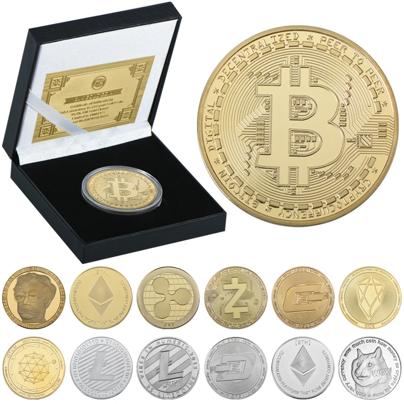 

Bitcoin Bit Coin Litecoin Ripple Ethereum Dogecoin Coins with Gift Box Gold Foil Challenge Cryptocurrency Metal Coin for Collect
