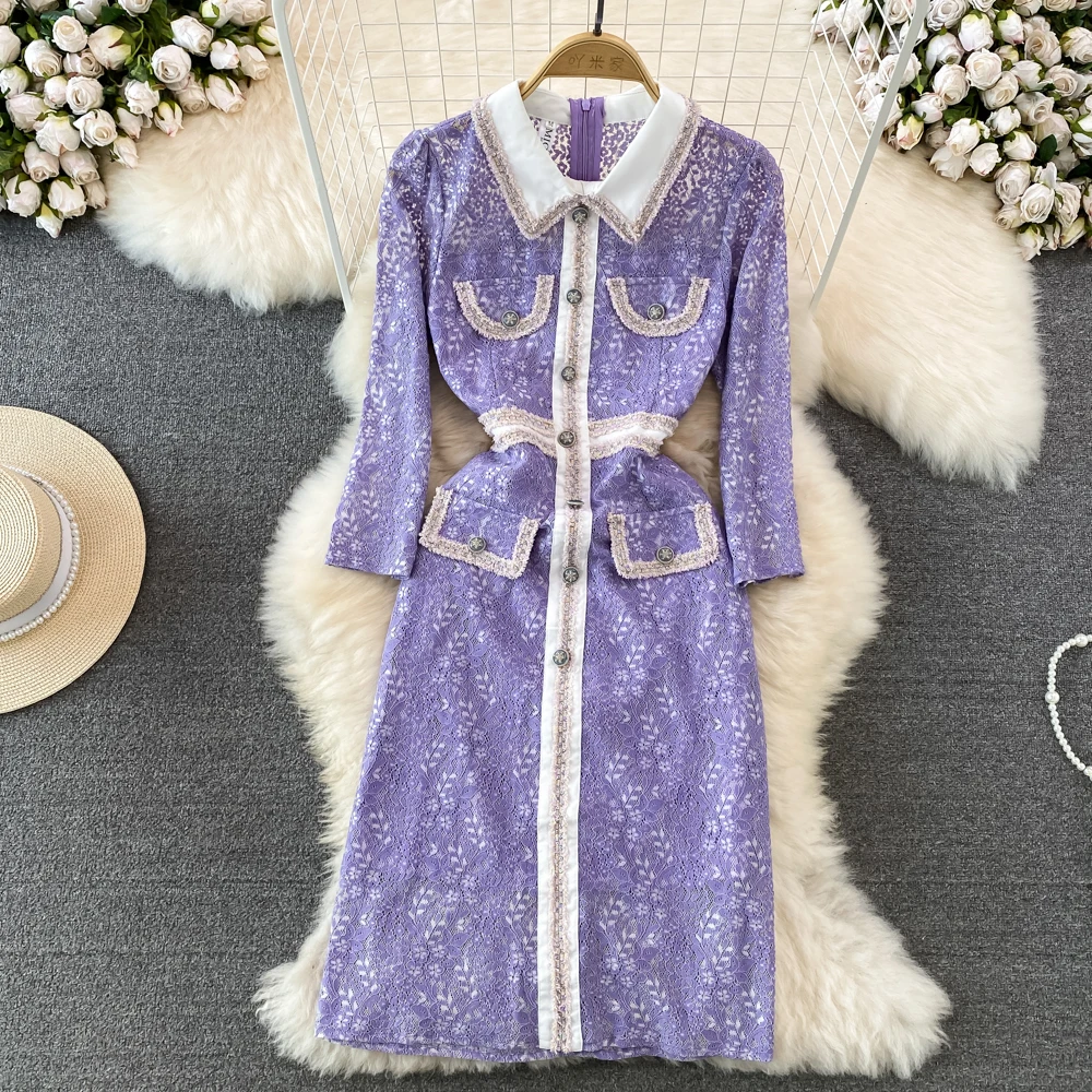 

Женское платье с отложным воротником Young Gee, элегантное фиолетовое кружевное однобортное платье-трапеция с длинными рукавами и вырезами во французском стиле знаменитостей