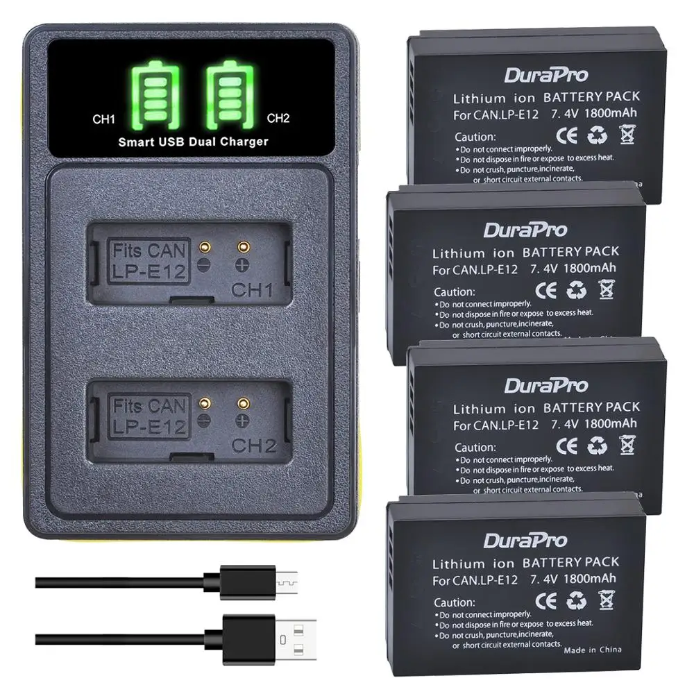 

DuraPro 1800mAh LP-E12 LP E12 Camera Battery + LED USB Charger For Canon EOS M50 M100 100D Kiss X7 Rebel SL1 DSLR Camera