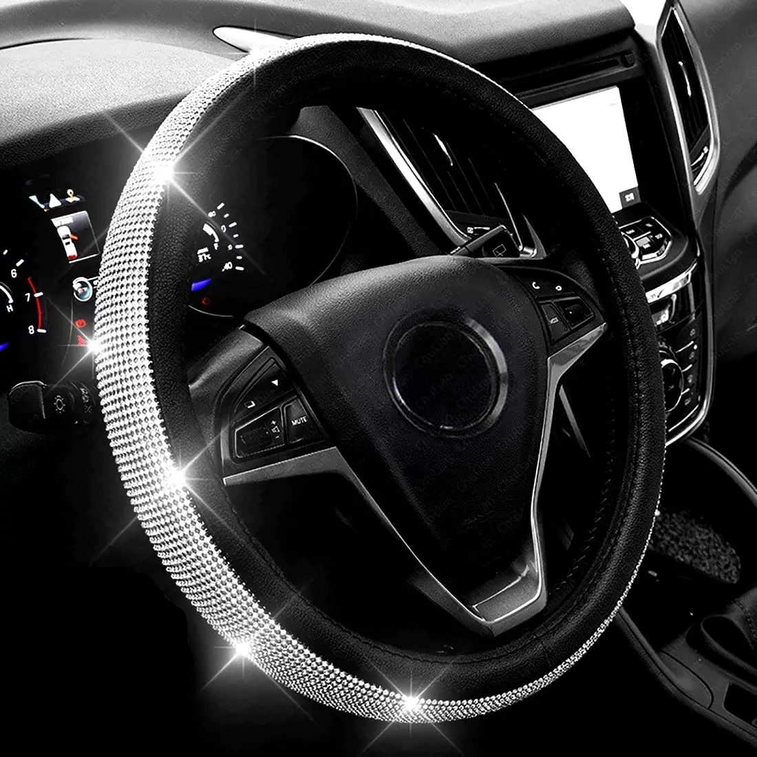 

New Diamond Leather Steering Wheel Cover with Bling Bling Crystal Rhinestones, Universal Fit 15 Inch Car Wheel Protector