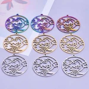 5pcs/Lot Chinese Style Hollow Round Cloud Stars Moon Pattern Pendant Stainless Steel Charms Accessories DIY Craft Jewelry Making